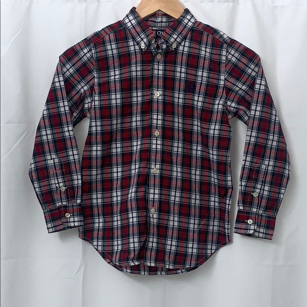 Chaps Boys Red Blue Plaid Button Down Shirt Long Sleeve Size 7 Cotton Blend
